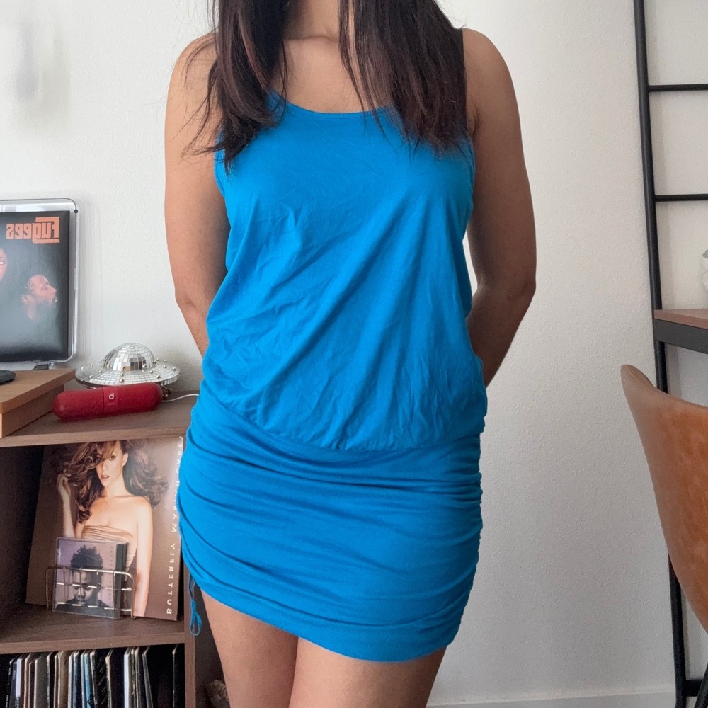 Michael Stars Blue Ruched Racerback Mini Dress 9529 Cotton Modal Medium USA